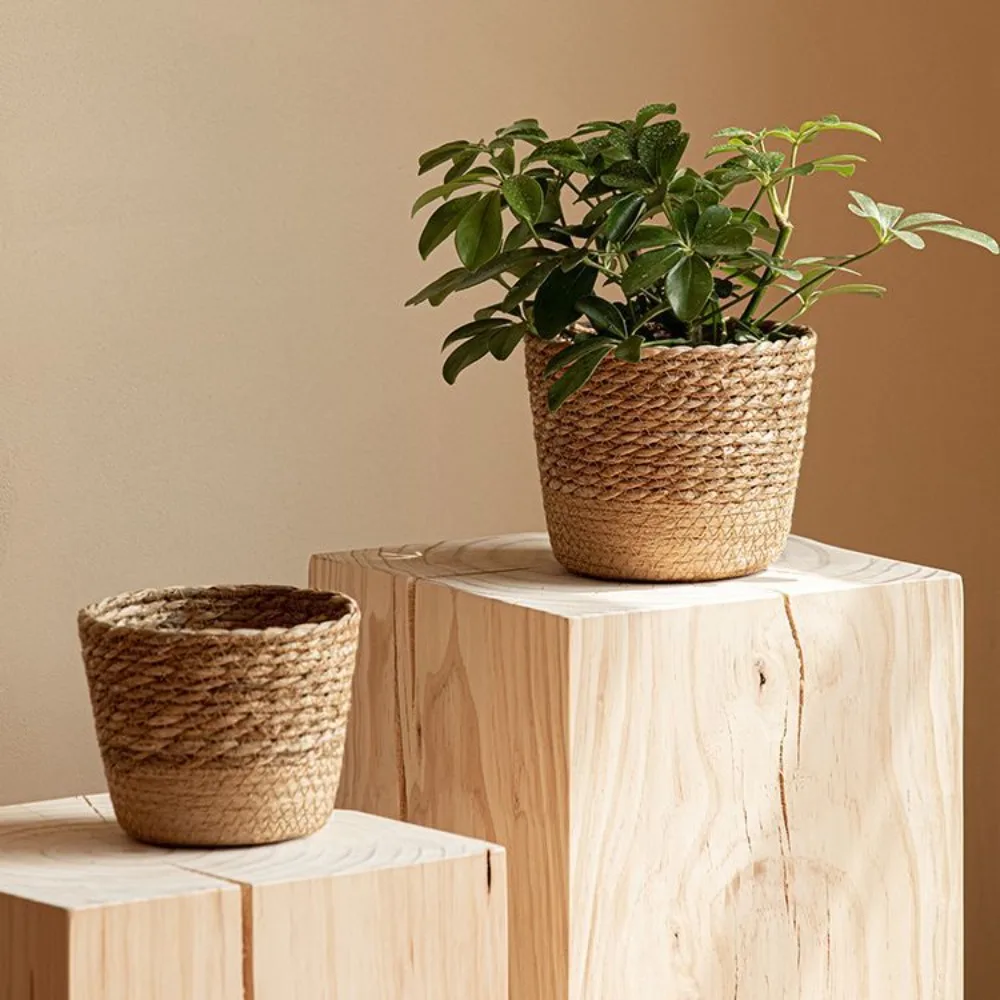 Straw Weaving Flower Plant Pot Wicker Basket Rattan Flowerpot Storage Basket Garden Flowerpot Handmade Woven Planter Basket