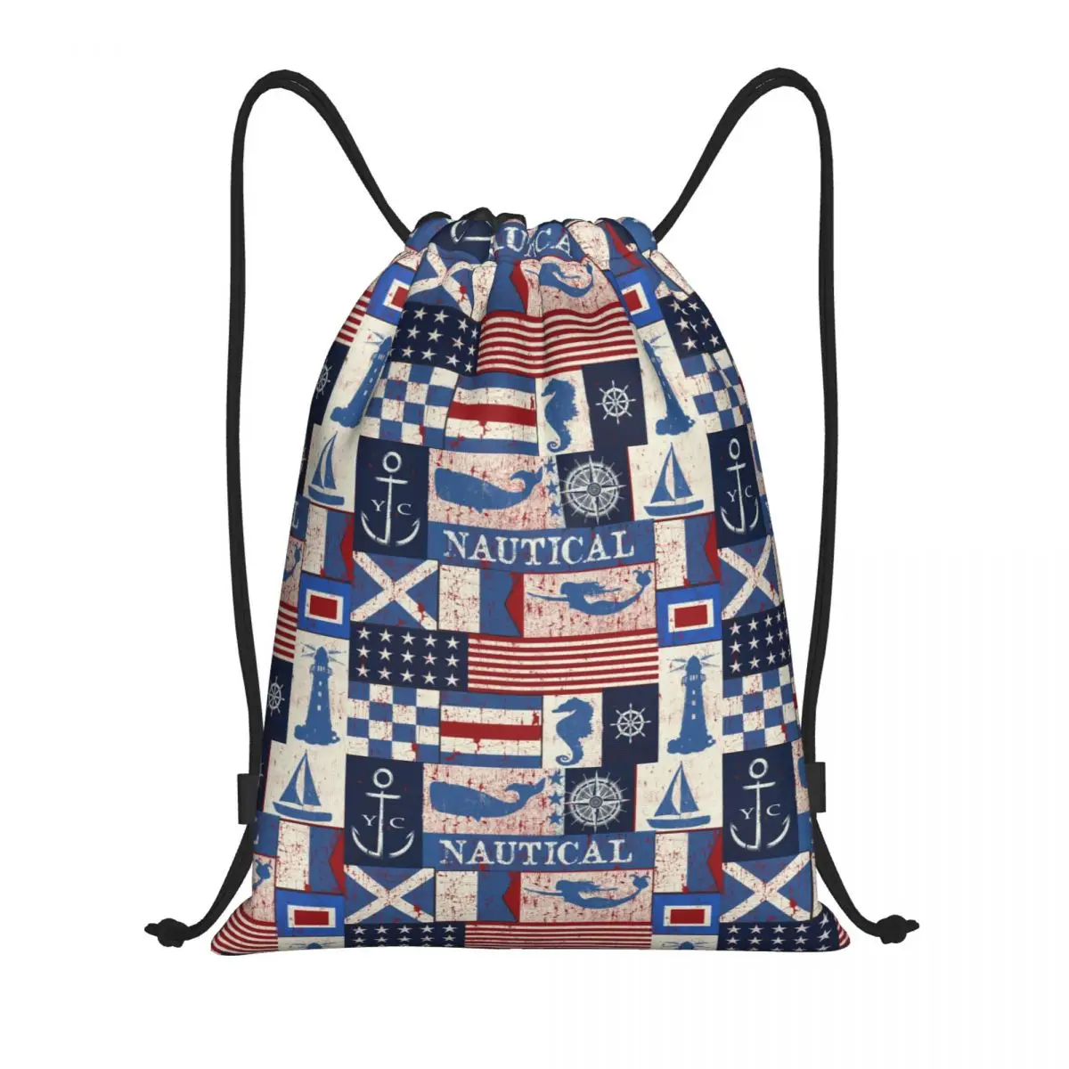 Custom Vintage Nautical Symbols Drawstring Backpack Bags  Lightweight Sailor Anchor Gym Sports Sackpack Sacks for Traveling