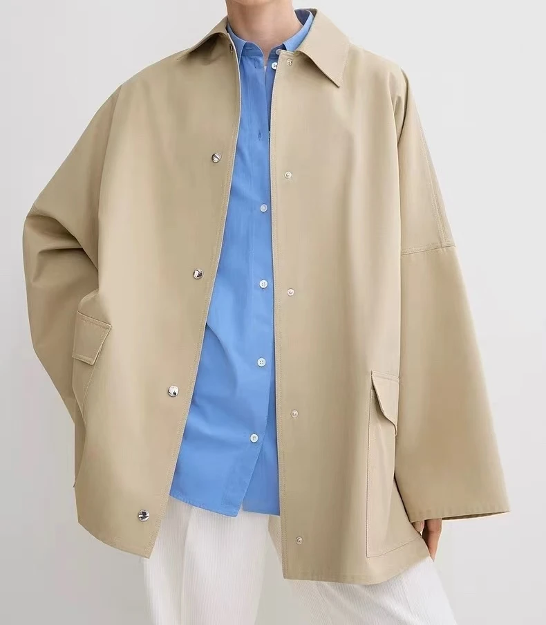 Fenggejiwo Cotton Twill Shoulder Design Loose A-Line Lapel Jacket Windbreaker Jacket Simple Profile Design Windbreaker