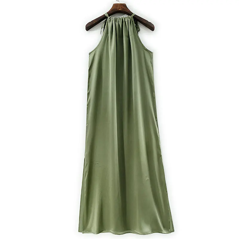 BirdTree-Silk Elegant Vest Dress, Halter Sleeveless Loose Waist, Women Fashion Sexy Commute Solid Dresses, 2025 Autumn D5O894CC