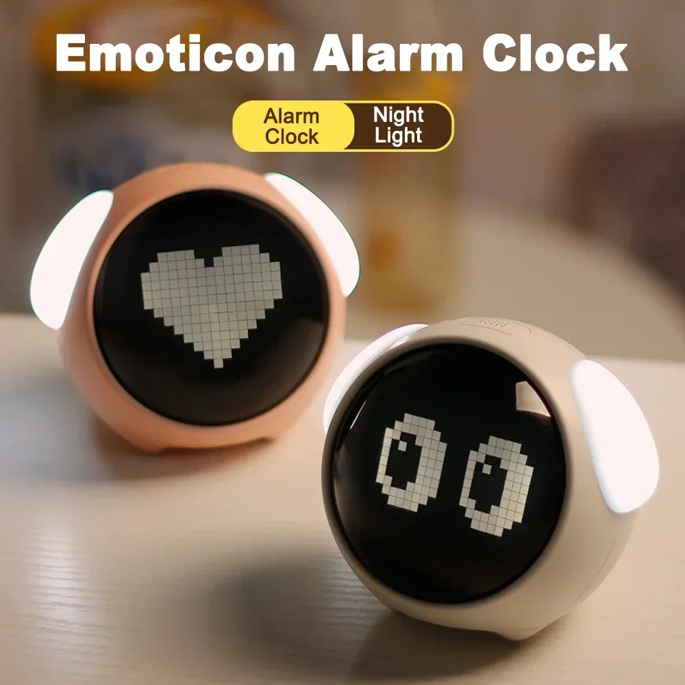 LED Bedside Night Light Cute Expression Pixel Alarm Clock Multifunction Smart Snooze Chargeable Kids Emotion Digital Alarm Clock