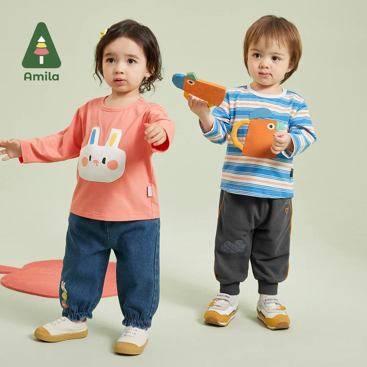 Amila T-shirt for a Boy And Girl 2023 Autumn New Round Neck Small Drop Shoulder   Baby Clothes Warm And Breathable Baby\'s Tops