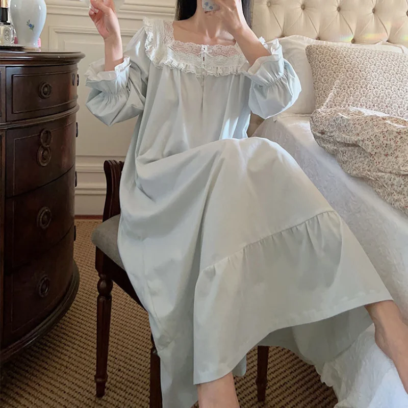 Women Vintage Cotton Nightgown Princess Nightwear Fairy Lace Sweet Long Sleeve Sleepwear Loose Peignoir Robe Night Dress Gown