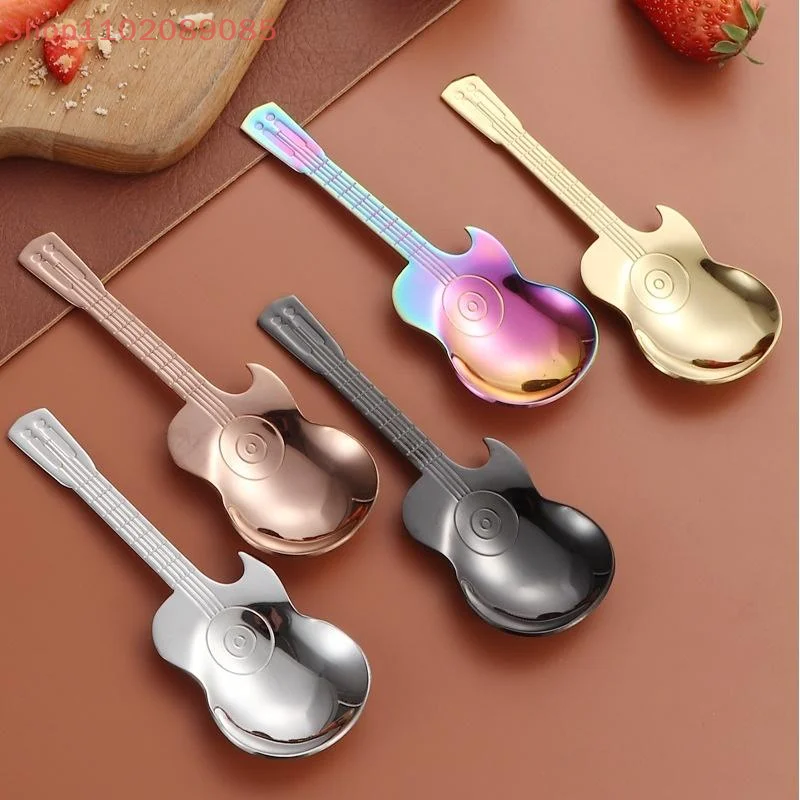 

Stainless Steel Cute Guitar Design 304 Spoons Rainbow Coffee Tea Spoon Flatware Dessert Spoon Drinking Tools