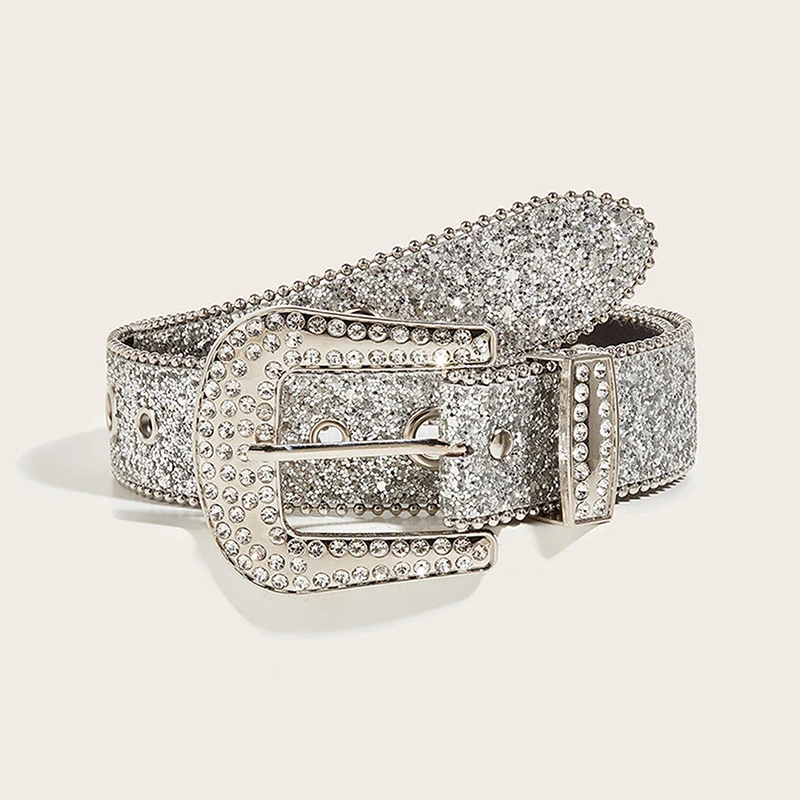 حزام نسائي أنيق مطبوع مرصع بحجر الراين بالكامل من جلد البولي يوريثان حزام خصر لامع قابل للتعديل لحفلات النادي