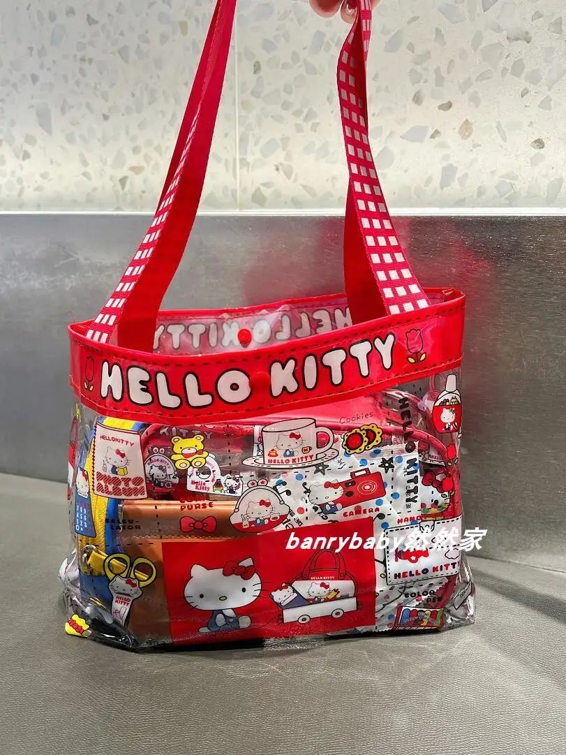 Kawaii Sanrio Anime Hello Kitty Bag Pvc Large Capacity Shoulder Bag Cute Cartoon Waterproof Shopping Bag Student Handbag Gifts