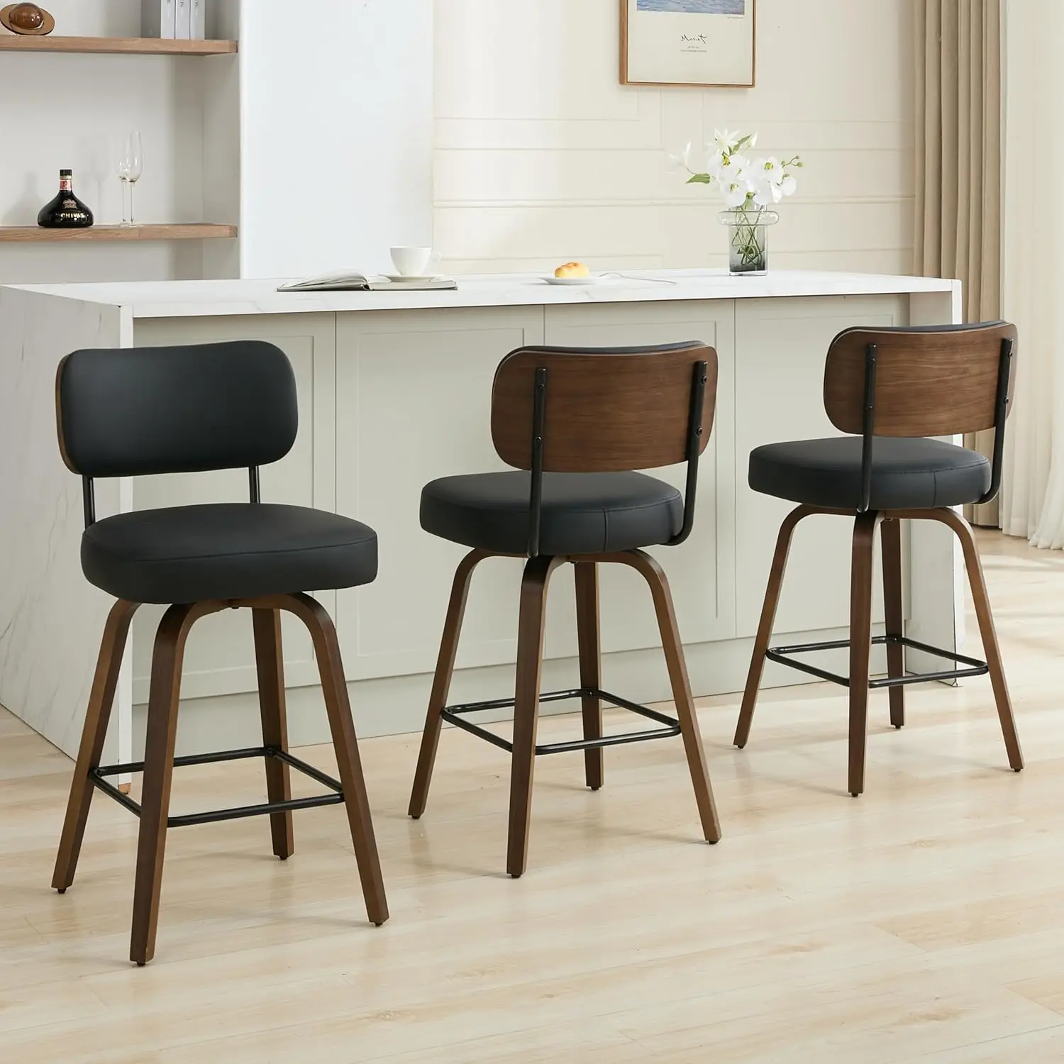 

Swivel Bar Stools Set of 3, 26" Upholstered Counter Height Bar Stools with Back and Walnut Wood Legs, Faux Leather Barstools for