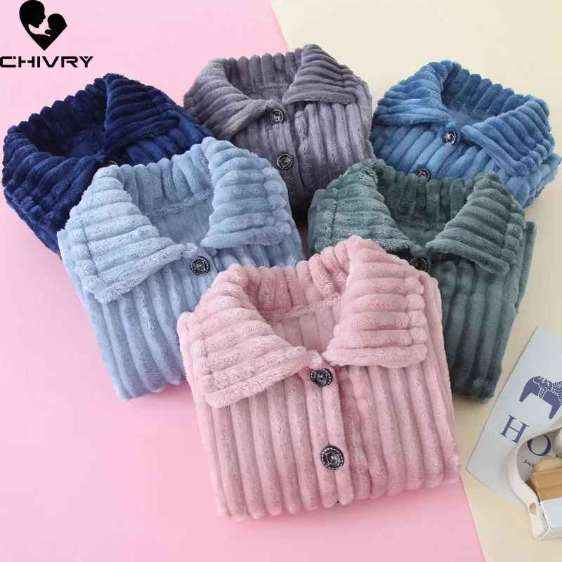 New 2022 Kids Boys Girls Autumn Winter Thick Warm Soft Flannel Pajama Sets Solid Lapel Tops with Pants Sleeping Clothing Sets