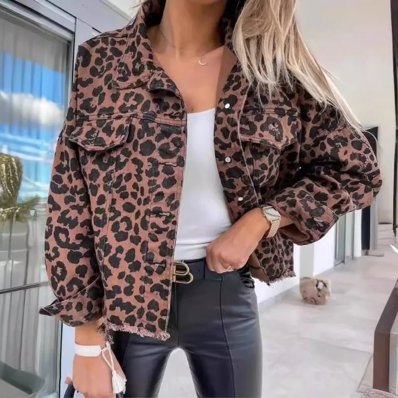 

HOUZHOU Vintage Leopard Print Denim Jacket Women Oversized Streetwear Y2k 2024 New Spring Jackets Elegant High Street Outerwear