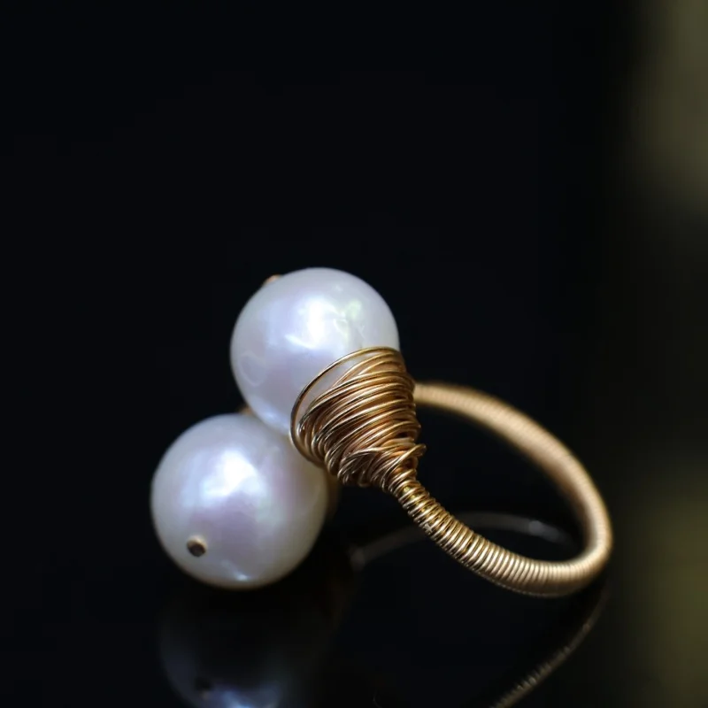 

SGARIT Natural White Baroque Pearl Gold Plated Finger Ring Earrings Adjustable Rings For Women Jewelry