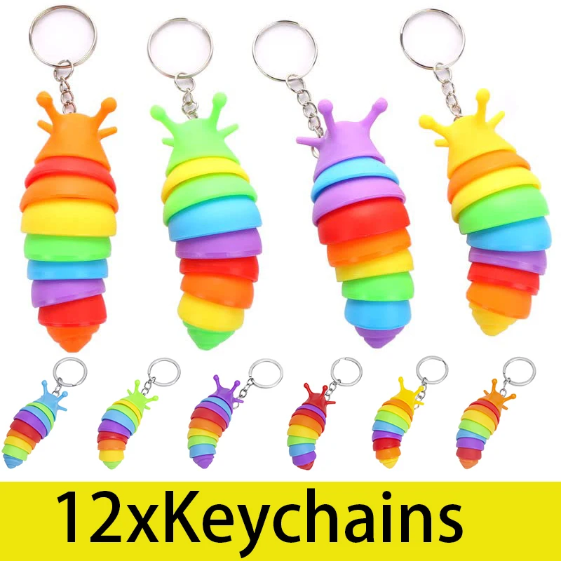 12Pcs Mini Finger Slug Snail Caterpillar Key Chain Relieve Stress Anti-Anxiety Squeeze Sensory Toys Party Favor Keychain Kids