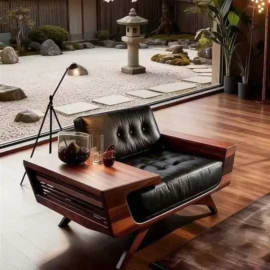 

New Chinese walnut living room sofa, high-end solid wood leather straight row leather art sofa