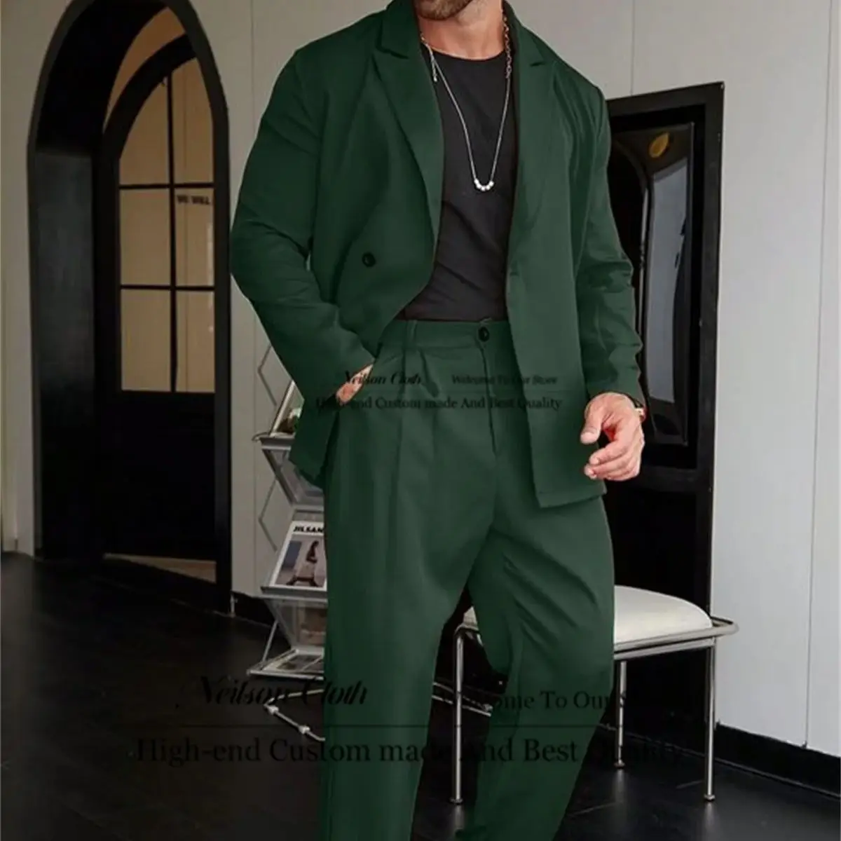 

Fashion Dark Green Male Prom Blazers 2 Pieces Sets Groom Wedding Tuxedos For Men Casual Peaked Lapel Groomsmen Costume Homme