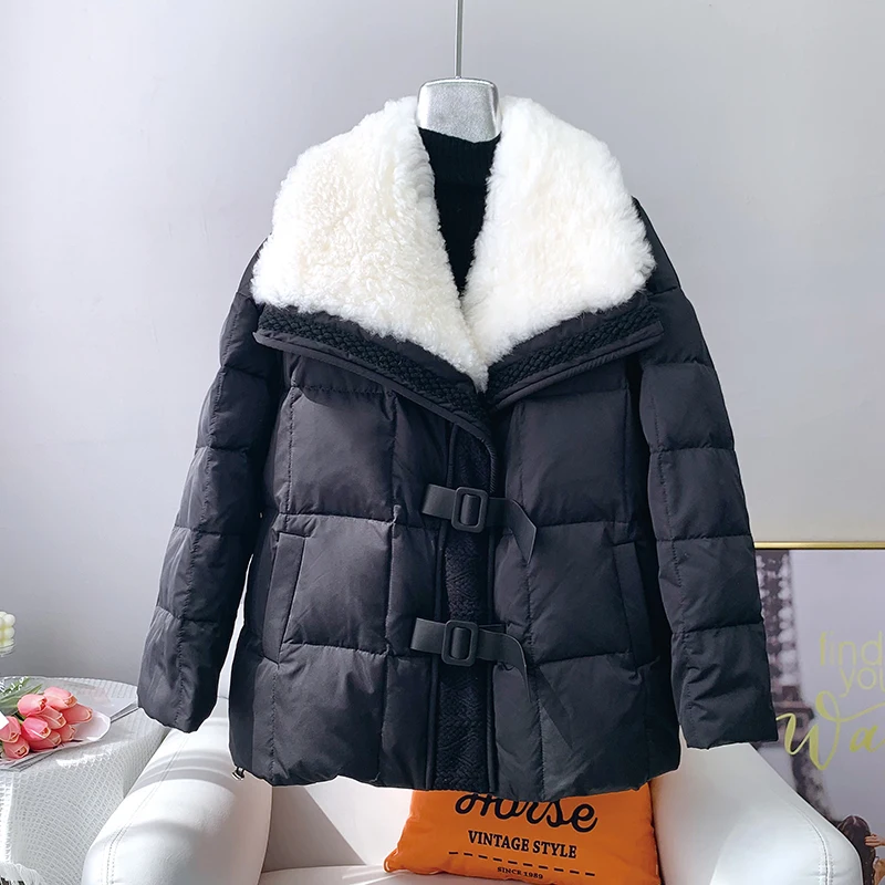 Natural Sheepskin Fur Collar Women Winter Goose Down Jacket Sweet Style Luxury Female Coats Streetwear