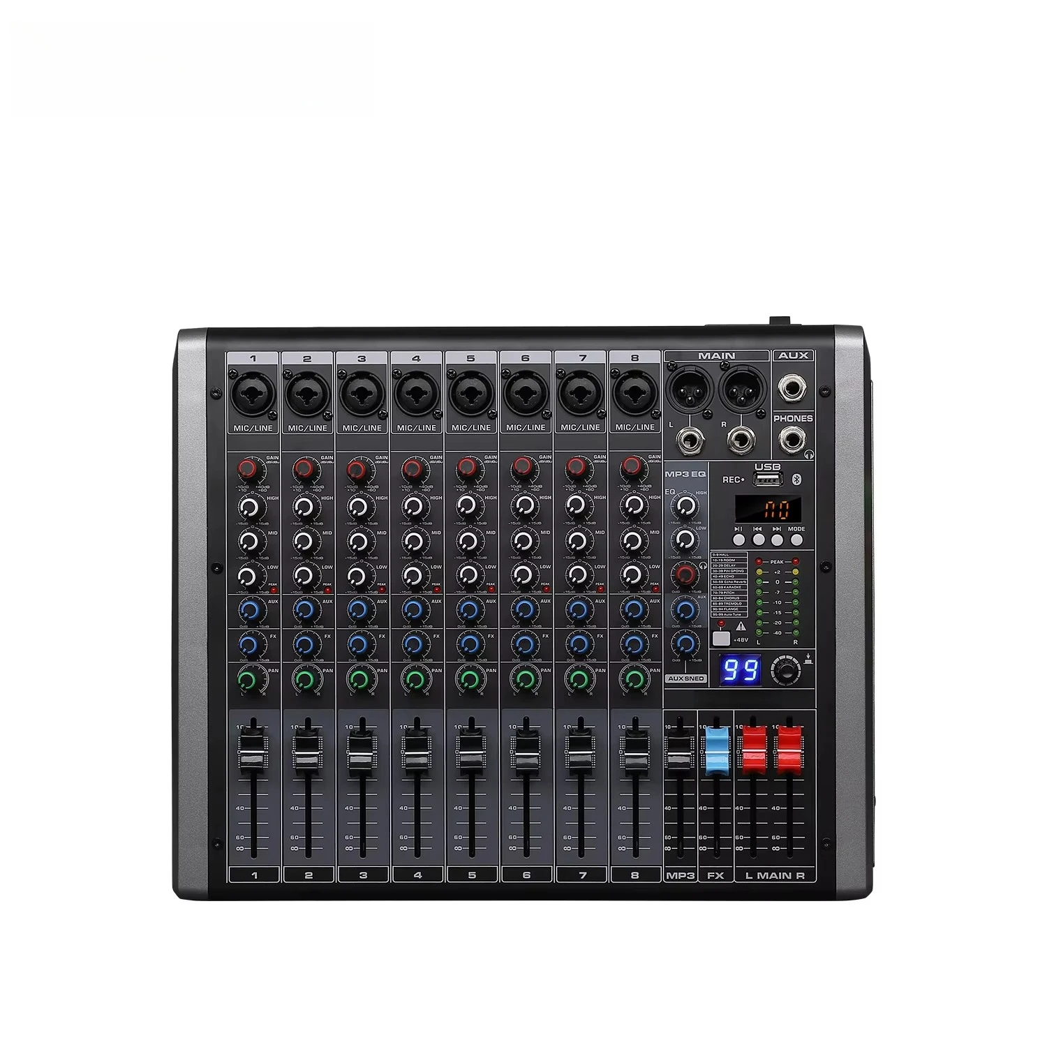 GAX-QQ8 New 8-Channel Mixing Console MP3 EQ Function 48V BT 99DSP Effects Stereo/Mono Output-OEM Audio Console Sound Equipment