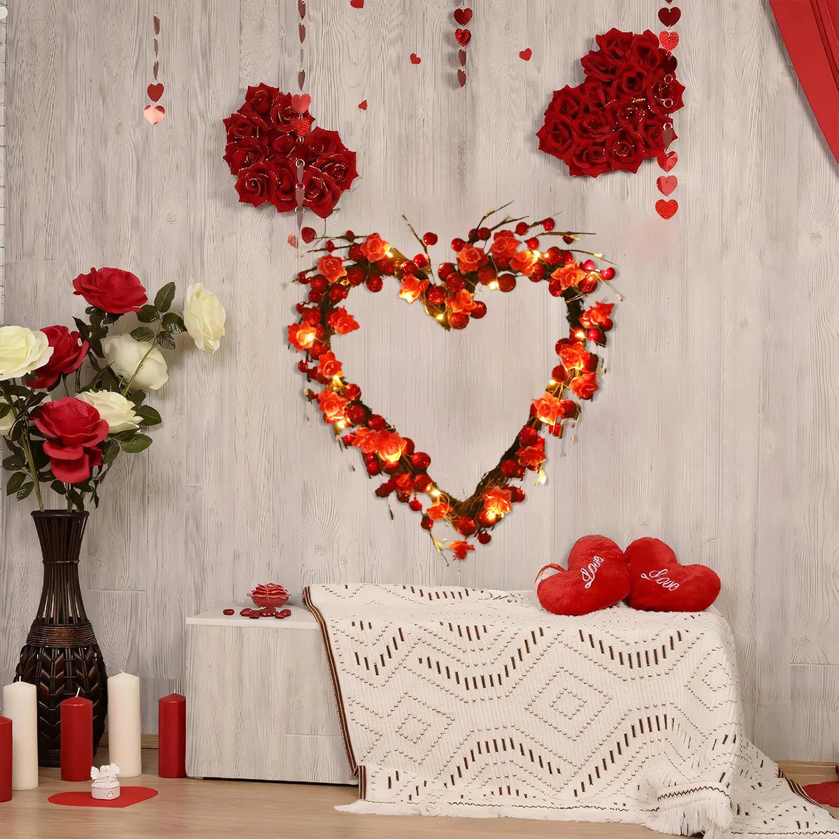 

Heart Valentine's Wreath for Front Door, 13.7 Inch Red Berries Wreaths for Valentine's Day Decor, Artificial Spring
