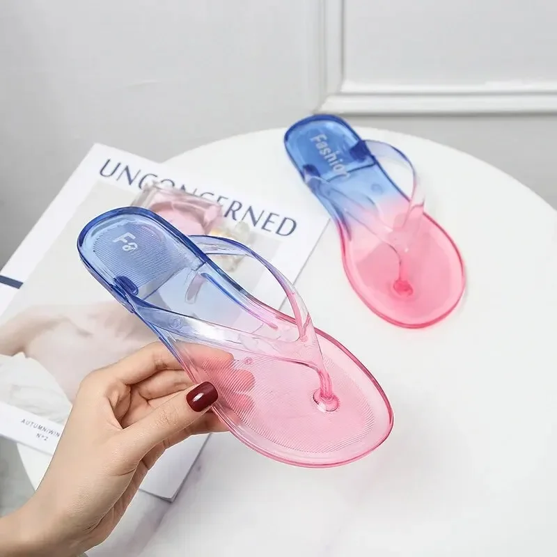 Two-color Personality Slippers Women Summer Fashion Gradient Beach Shoes Crystal Shoes Flat Bottom Pvc Material Adult Suitable