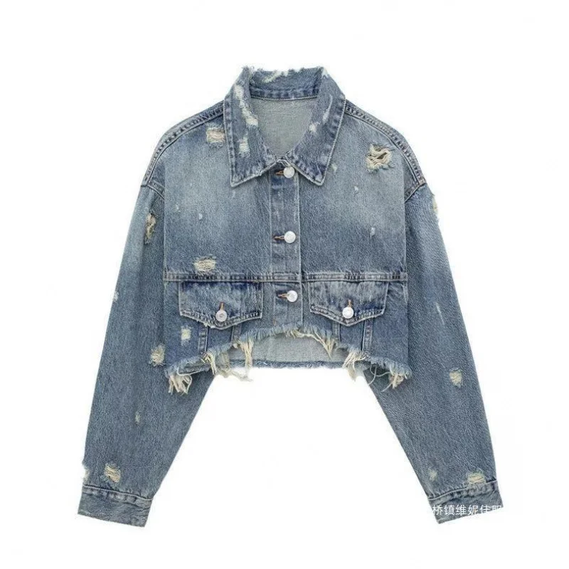 

Vintage Style Ins Retro Turn-Down Collar Long Sleeve Autumn Short Top Personality Trendy Distressed Women'S Clothin