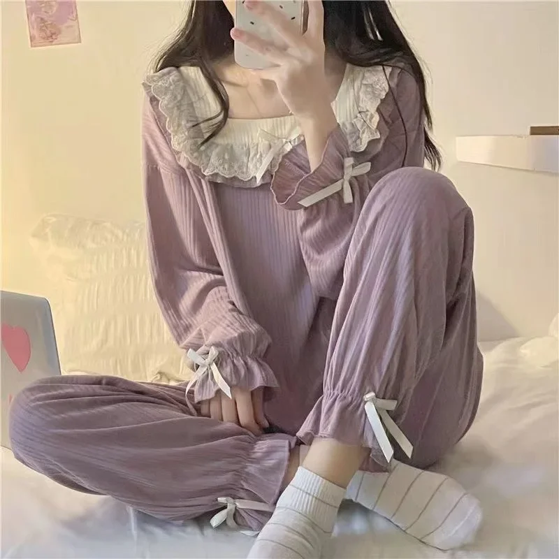 

Spring and Autumn New Women's Pajamas Homewear Set of Girls Pajamas Spring and Autumn Lace Pit Stripes Student Pajamas Homewear