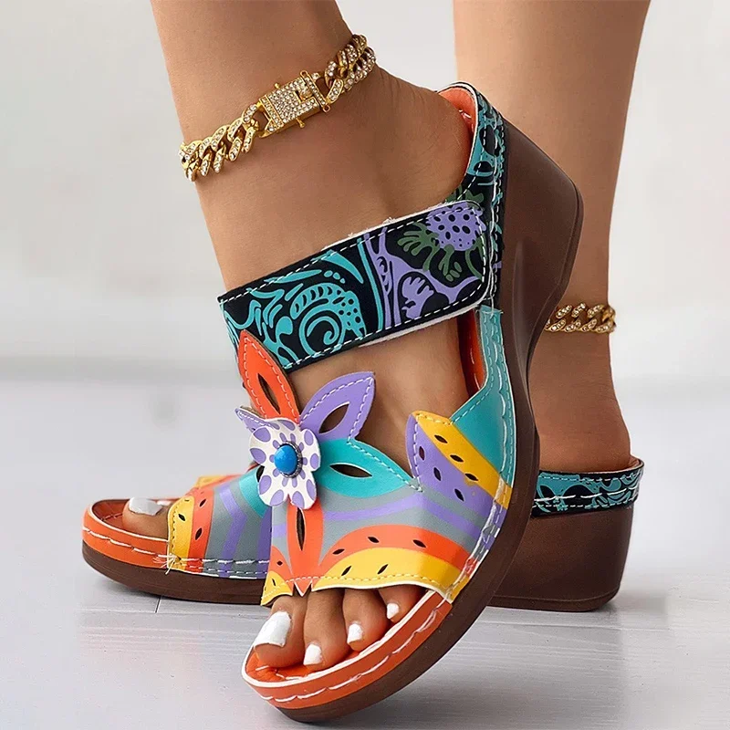 

Wedge Slippers Colorblock Tribal Floral Pattern 2024 New Women's Platform Slides Tribal Floral Print Sandals Women Ethnic Shoes