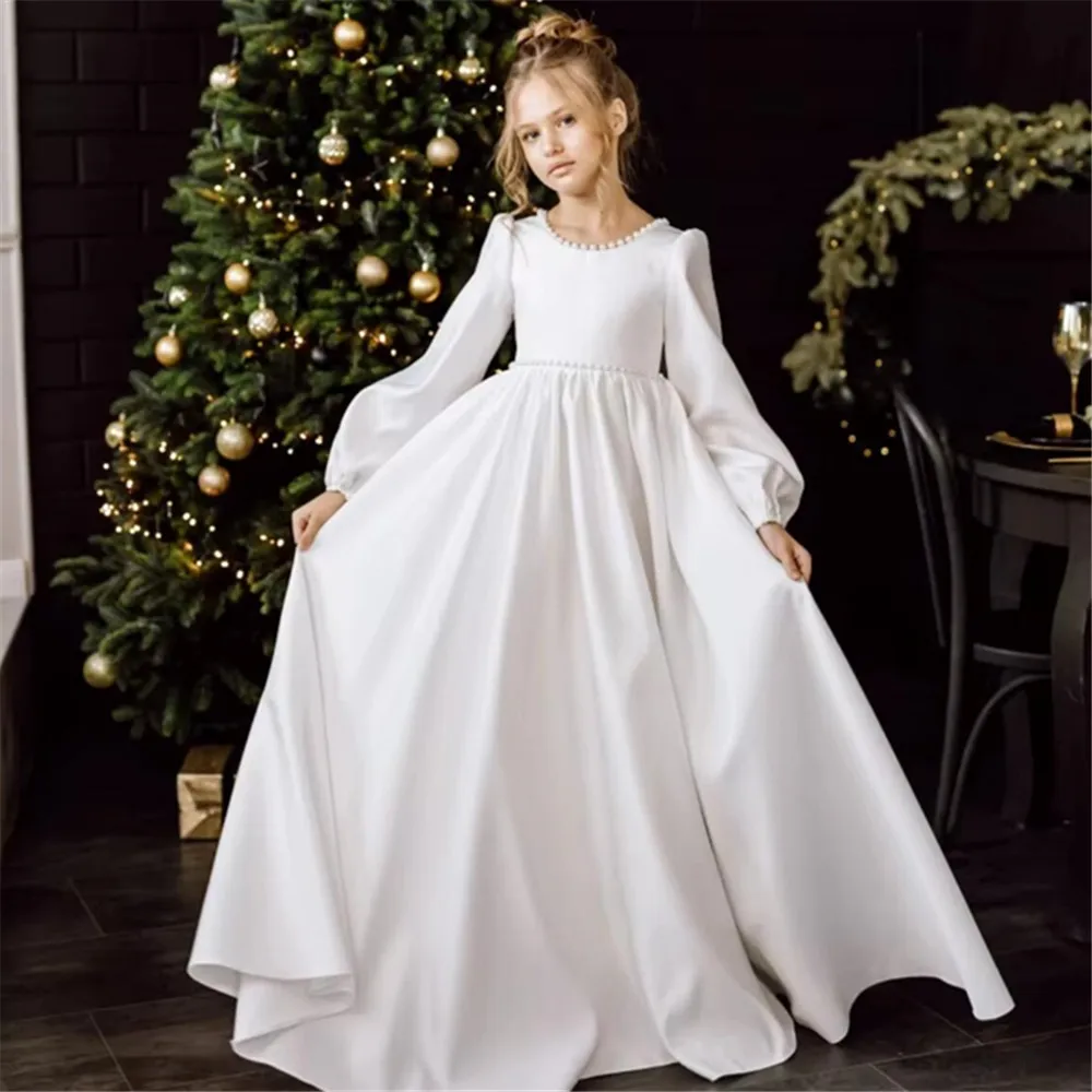 Robes à fleurs personnalisées pour filles, en Satin blanc, col de perles avec nœud, manches longues, pour mariage, anniversaire, Banquet, robes de sainte Communion