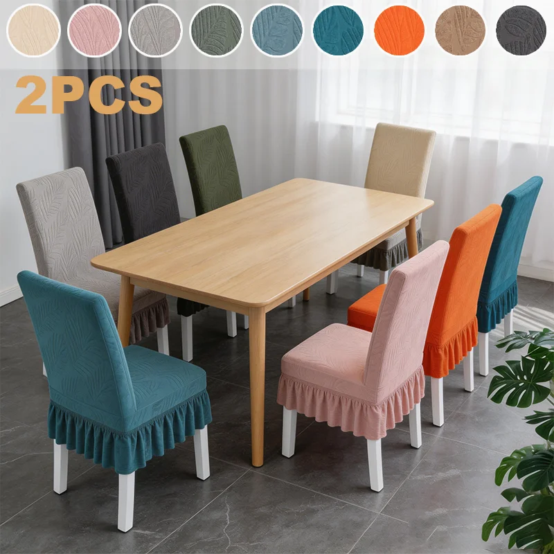 Universal Stretch Leaf Jacquard Chair Cover with Ruffle Skirt Solid Color Antislip Dining Chair Protector for Dining Room Office