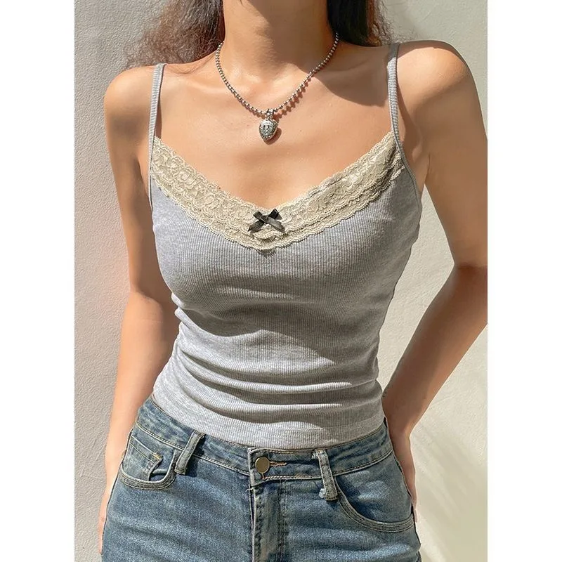 

Sexy White Lace Bow Camisole Tank Top Cropped Vest Women's Sleeveless Crop Tops With Chest Pad Y2k Cute Summer Slim Undershirt