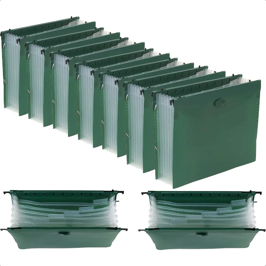 

12Pack Expanding Hanging File Folder with 7 Divider Pocket Green