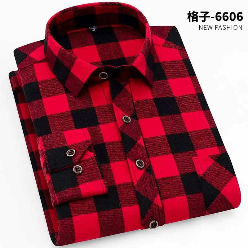 100% Cotton Flannel Men\'s Plaid Shirt Slim Fit Spring Autumn Male Brand Casual Long Sleeved Shirts Soft Comfortable 4XL