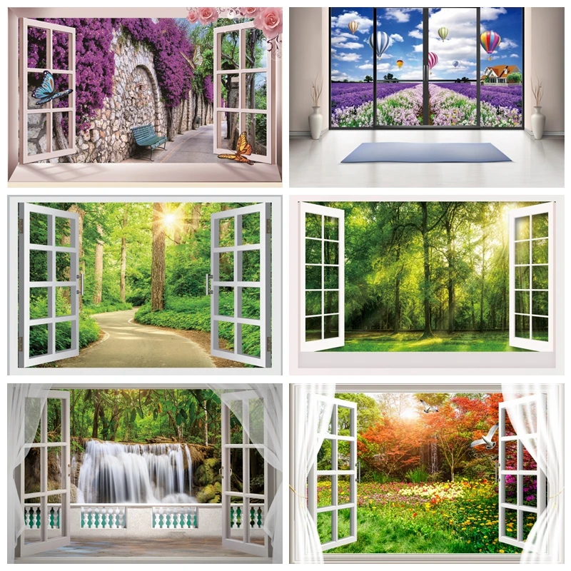 Spring Scenic Photography Backdrop Window View Room Spring Green Tree Grassland Curtain Poster Pattern Photo Background Props