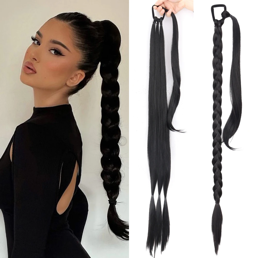 

AZQUEEN Synthetic Long Braided Ponytail Hair Extension with Elastic Band Black Brown Pony Tail Hairpiece For Women