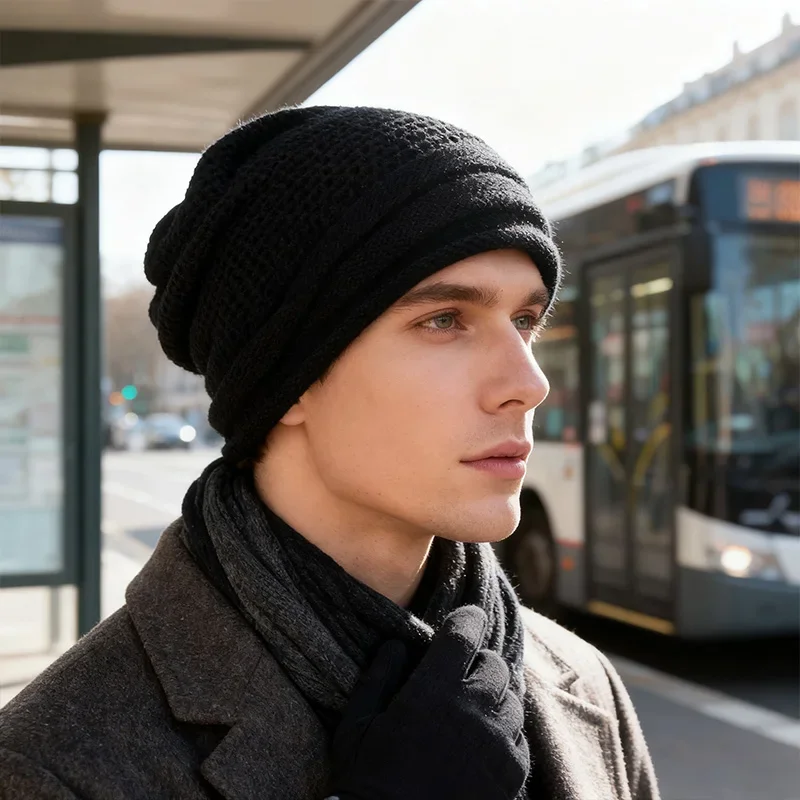 Winter-Übergroße Slouchy-Mütze aus Wolle, gestrickt, warme Mütze für Damen und Herren, gemütlich, elastisch, winddicht, zum Skifahren im Freien – Detail 1