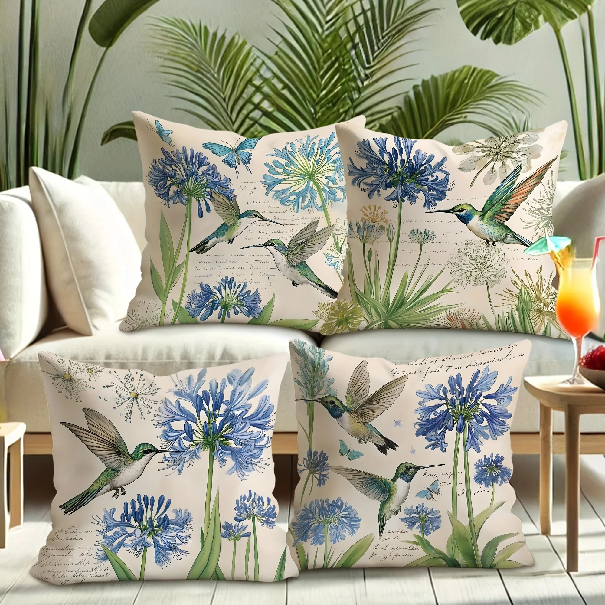 Blue Floral Hummingbird Pillow Covers - Vintage Script DesignLiving Room Sofa Cushion Cover, Bedroom Room Decoration