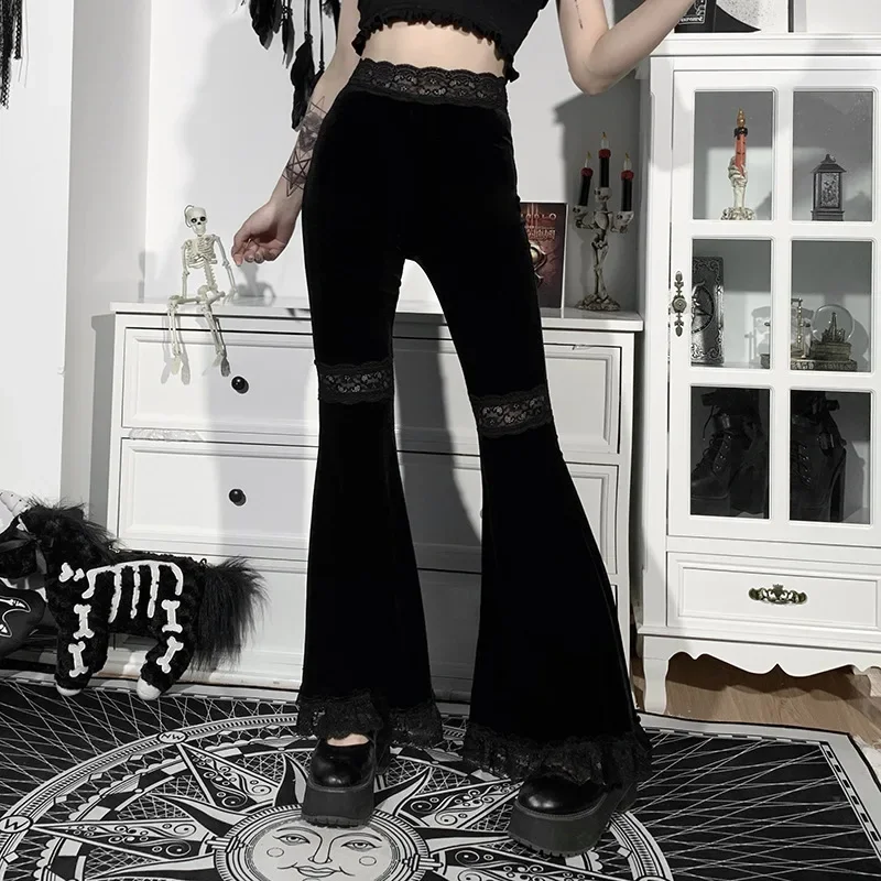 Mall Goth High Waist Flared Pants Aesthetic Sexy Lace Patchwork Women's Pants Vintage Elegant Velvet Christmas Trousers