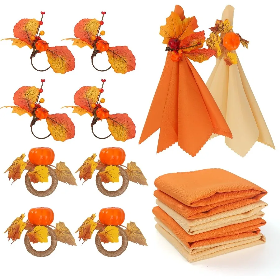 

Thanksgiving Napkin Rings and Cloth Set 16pc 8 Pumpkin Fall Napkin Rings and 8 Fall Cloth Napkins with Harvest Acorns Maple Lea