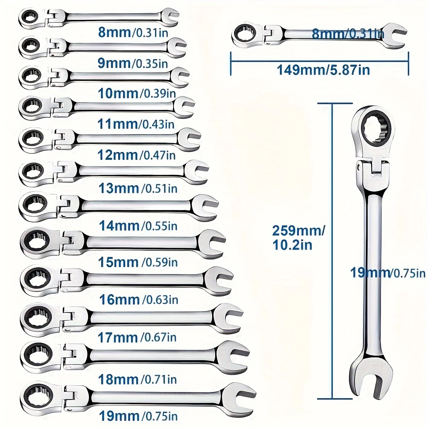 Flex Head Ratcheting Wrench Set,Combination Ended Spanner kits, Chrome Vanadium Steel Hand Tools Socket Key Ratchet Wrench set