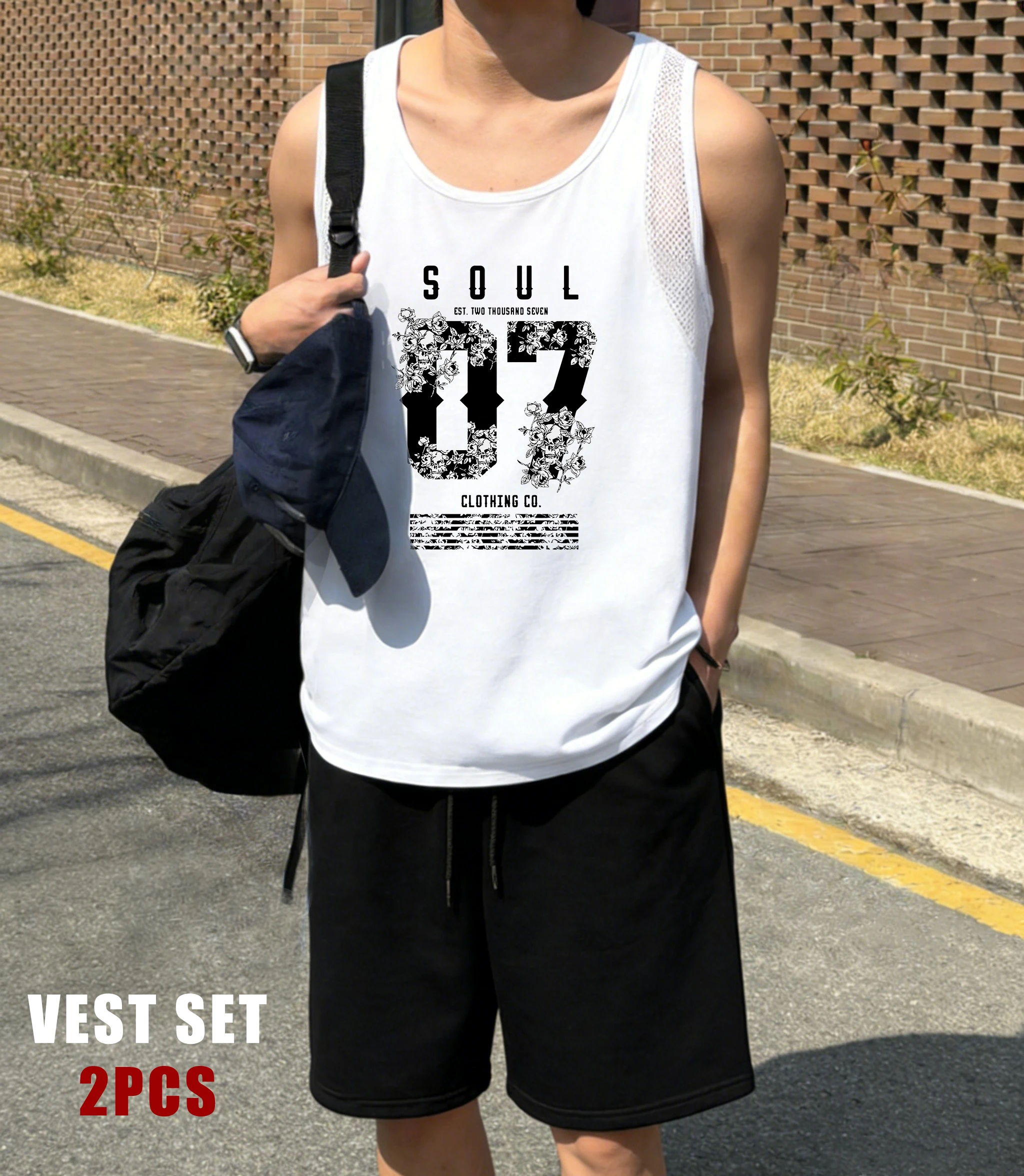

Soul Number 07 Skeleton Flowers Male Reticular Vest Suit O-Neck Clothing All-Match Sport Shorts Man Fashion Sleeveless Tank