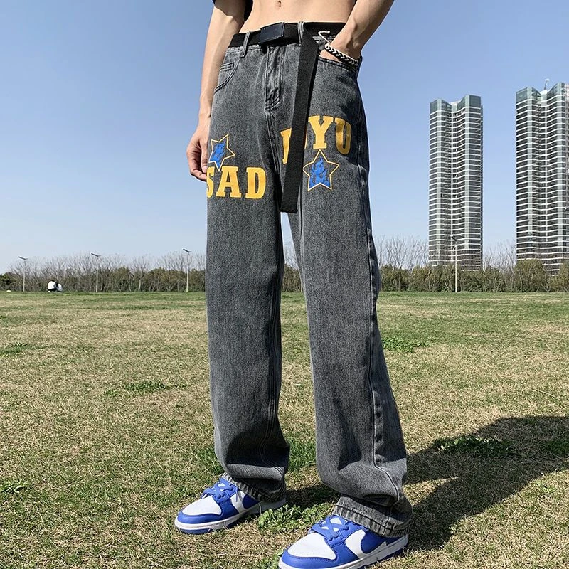 Trousers Straight Jeans for Men with Print Male Cowboy Pants Star 90s Streetwear Buggy Original Oversize Korean Style Cotton Xs