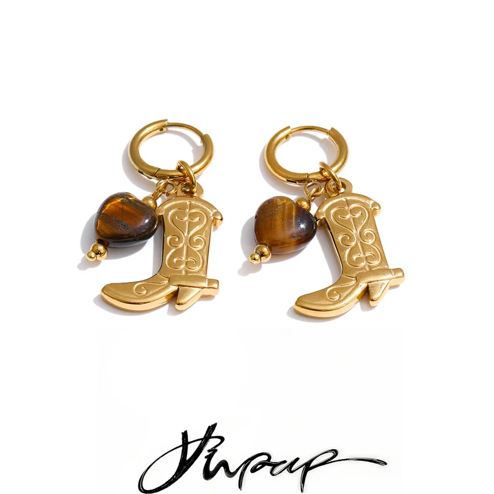 Yhpup Natural Tiger Stone Boots Shoes Pendant Drop Hoop Earrings Stainless Steel Charm Vintage Fashion Jewelry Prevent Allergy