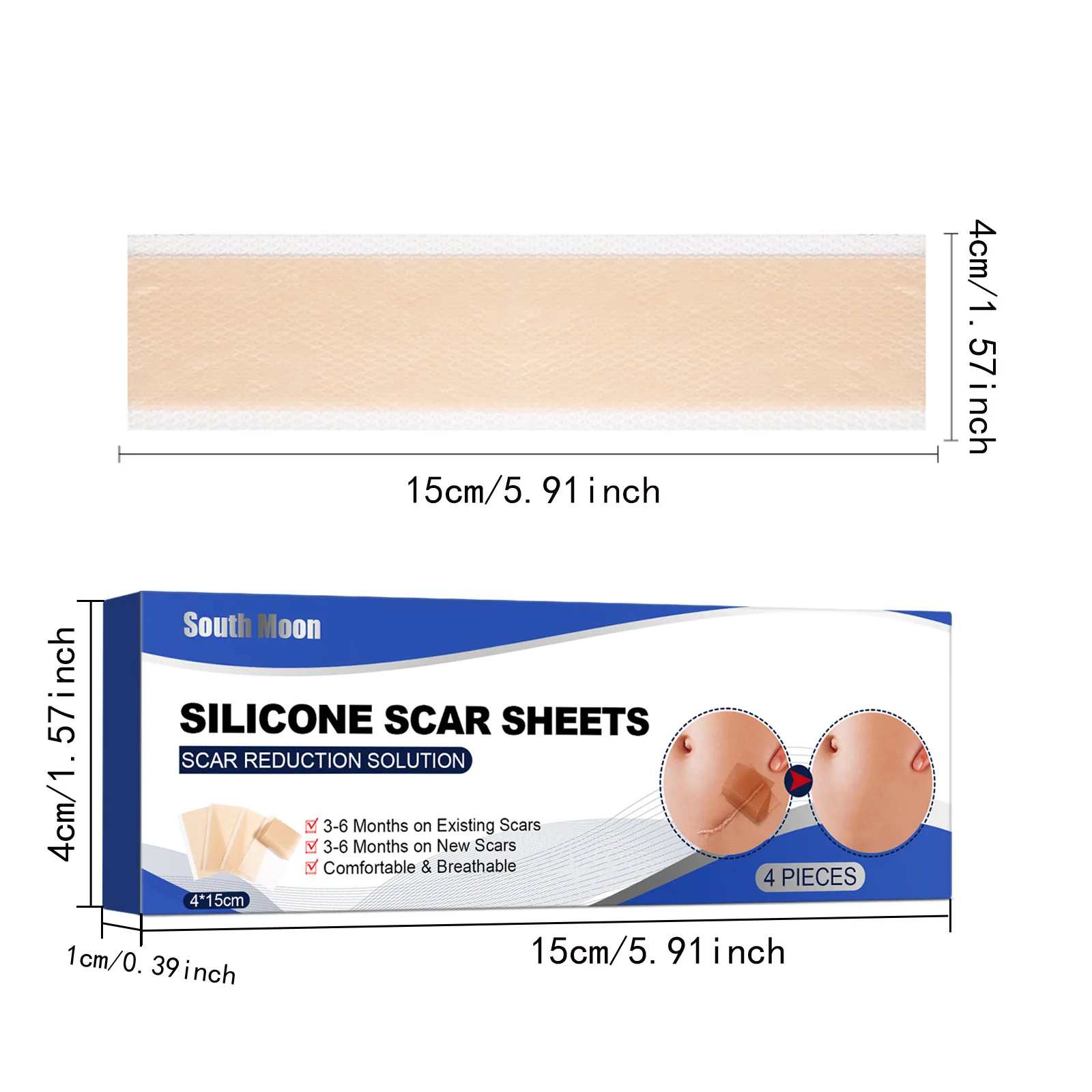 

4 Patches/Set Silicone Scar Sheets , 4cm*15cm/4cm*7.5cm Self-Adhesive Scar Cover Tape Reusable and Effective Skin Care Strips