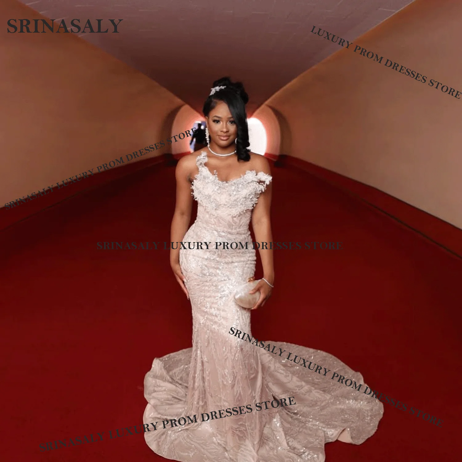 Aangepaste mode diamant lange zeemeermin galajurken mouwloos formeel voor zwart meisje kralen pailletten veren avondjurk gewaad