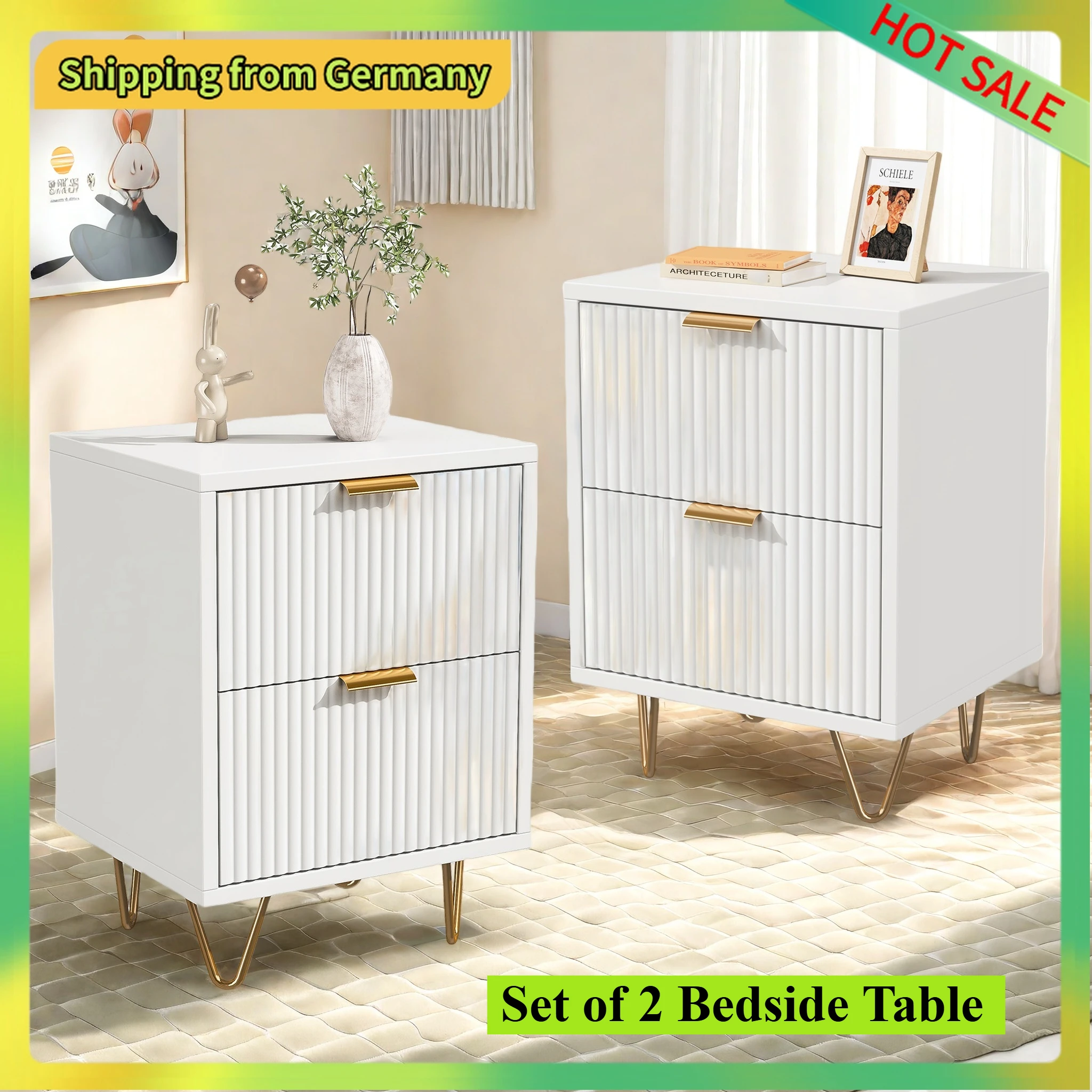 كومانلاي 2 قطعة طاولة بجانب السرير مع درجين، خزانة منضدة بأقدام معدنية، خزانة ذات أدراج لغرفة المعيشة، 49 × 29 × 47 سم #1