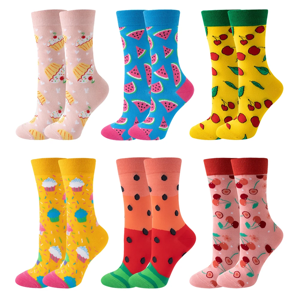 6 Pairs New Fashion Cute Happy Mid-tube Women Socks Watermelon Cherry Cat Dog Flamingo Cow Lovely Casual Funny Socks