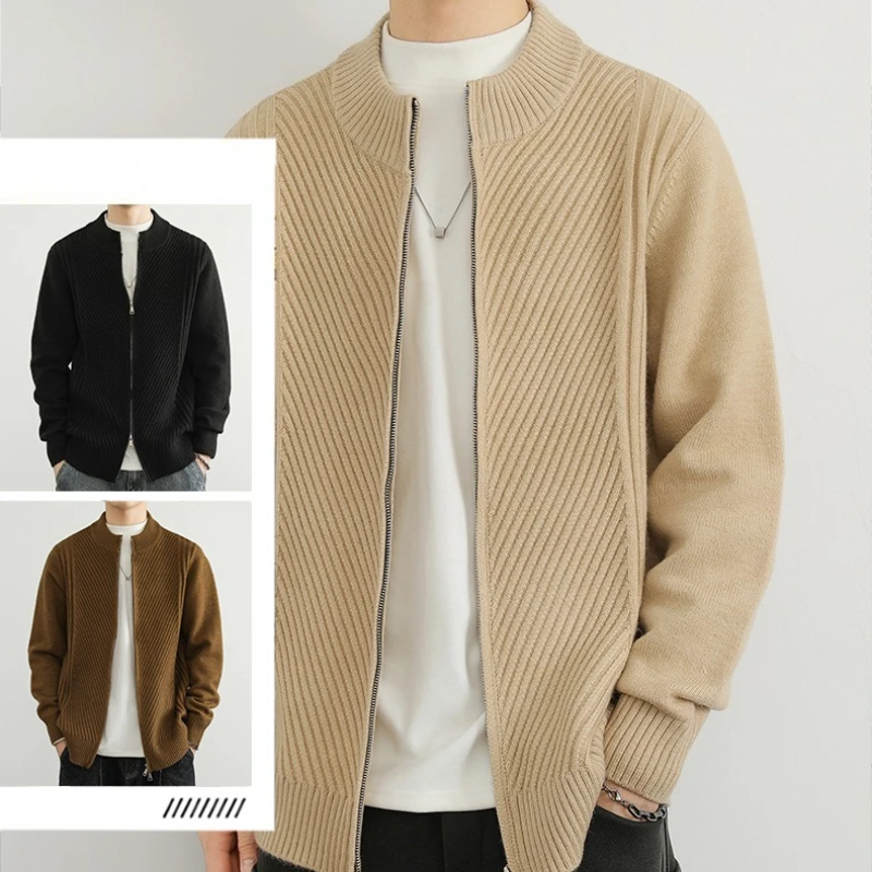 

Men's Zip-Up Striped Cardigan - Beige Knit Sweater (Gray/Black/Coffee) M-3XL Soft & Warm Casual Fall Outerwear