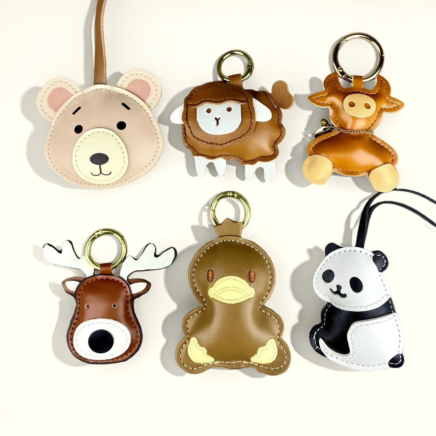 Cute PU Leather Animal Bag Charms/Panda, Deer, Bear, Duck, Cow, Sheep/Adorable Keychain Accessories for Handbags, Backpacks，Gift