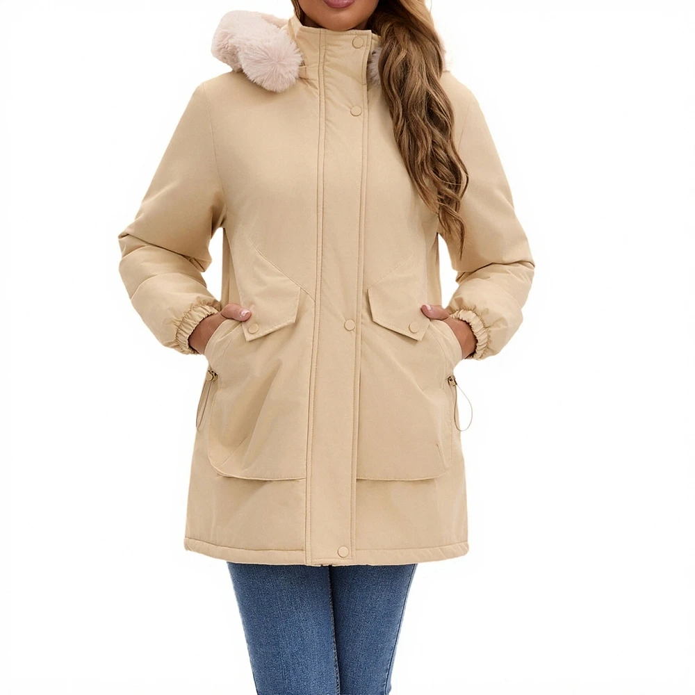 Dames Europese maat Fleece gevoerde katoenen jas Koreaanse stijl Grote bontkraag Halflange parka Winterbovenkleding