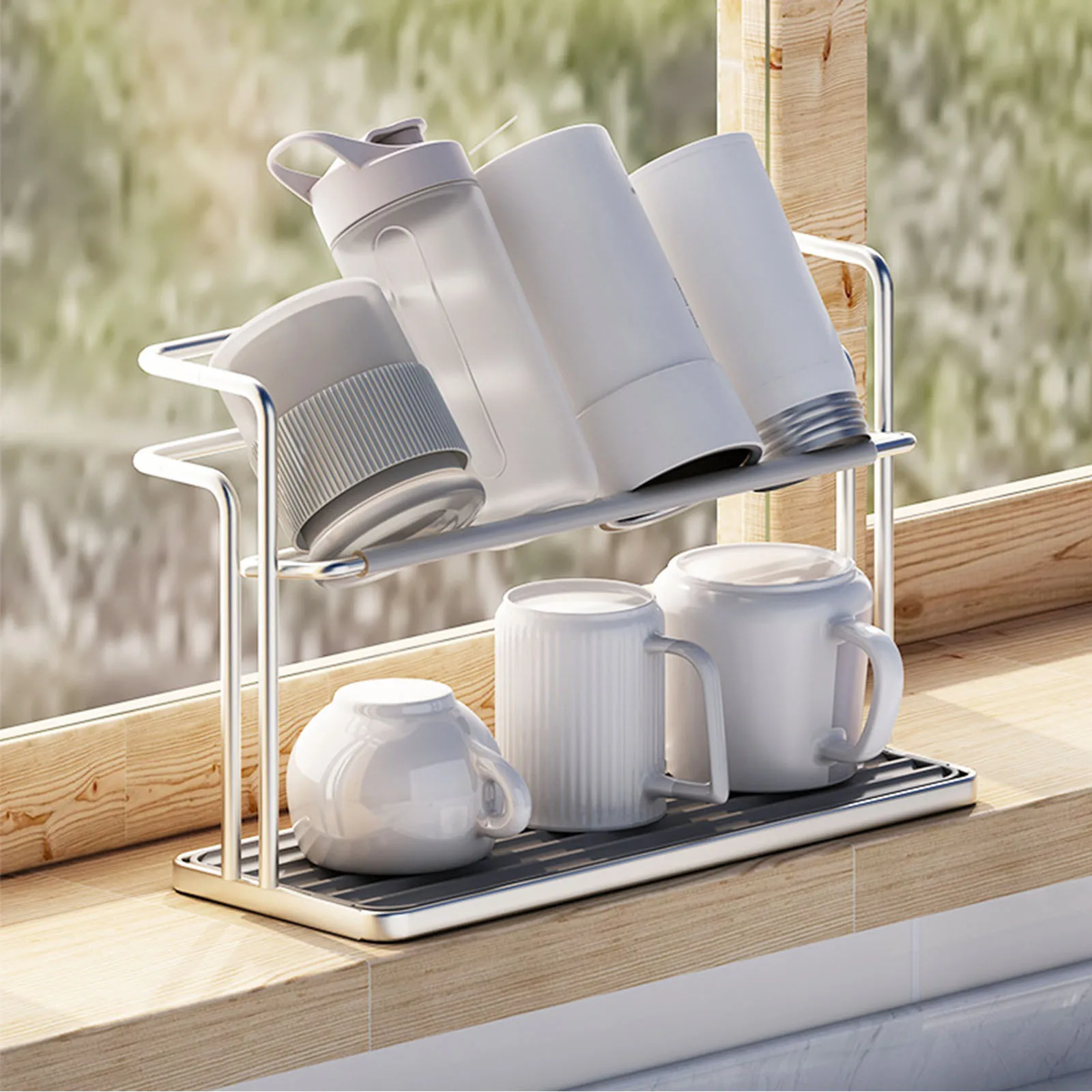

2-Tier Space Saving Cup Storage Rack with Drain Tray Dish Drying Organizer Easy To Clean Slanted Design for Kitchen Countertop