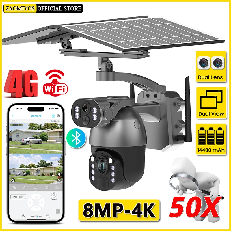 4G SIM 4K 50X Zoom Outdoor Waterproof Solar Camera WiFi Dual Screen PTZ Surveillance Motion Detection Tracking Security IP cam