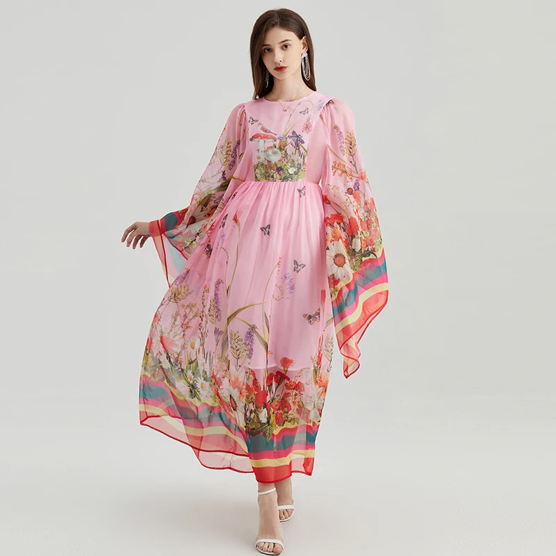 Banulin Summer Sicily Pink Long Flowy Dress Women Runway Elegant Flare Sleeve High Street Animal Stripe Print Party Vestidos