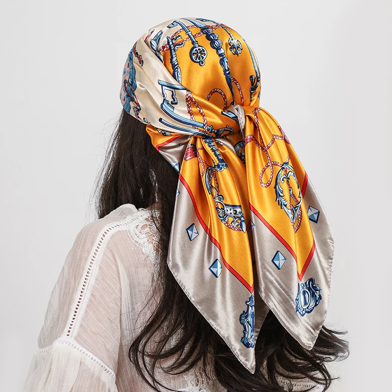 Luxus Marke 90 cm Platz Silk Schal Frauen Schals Wraps Hijab Schals Drucken Kopftuch Femme Kopf Schal Foulard Bandana Strand pareo – Detail 9